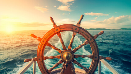 ship wheel on boat with sea and sky. freedom and adventure. direction concept. Generative AI