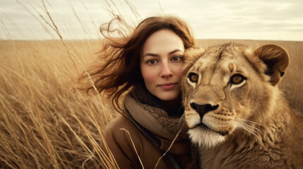 Wall Mural - Selfie of a woman and her lion cub, generative ai