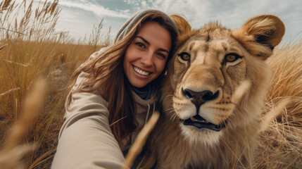 Wall Mural - Selfie of a woman and her lion cub, generative ai