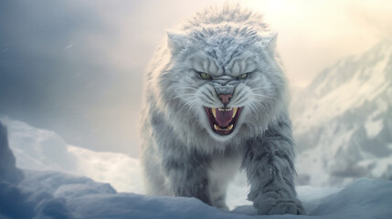 Wall Mural - lion in the snow, snow mountain cat growling face, generative ai