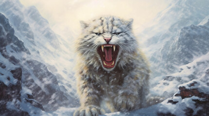 Wall Mural - lion in the snow, snow mountain cat growling face, generative ai