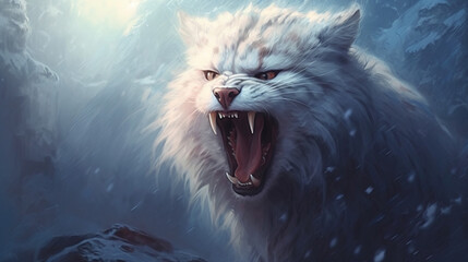 Wall Mural - lion in the snow, snow mountain cat growling face, generative ai