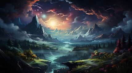 Wall Mural - landscape with water and moon, star forest with magic mountains, generative ai