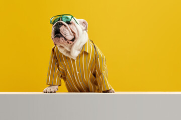 Stylish purebred dog, english bulldog wearing stylish bright shirt and green sunglasses against yellow studio background. Summer vibe. Concept of animals, humor, pets fashion, vet, style, ad