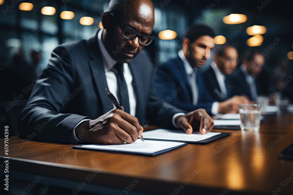 Signing Work Business Document Signing Man. European Executive at Brightly Lit ...