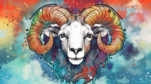 Illustration Of A Sheep With Horns, Ares Symbol With Rainbow Pastel Colors, Generative Ai