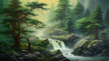 Fototapeta Przestrzenne - waterfall in the mountains, waterfall in summer pine fog forest, generative ai