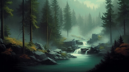 Wall Mural - waterfall in the mountains, waterfall in summer pine fog forest, generative ai