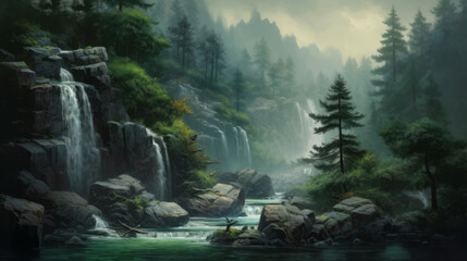 Wall Mural - waterfall in the mountains, waterfall in summer pine fog forest, generative ai