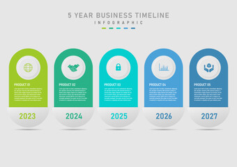 Wall Mural - infographic timeline 5 years multi colored rounded squares A gray button above with a white lettered icon on a colored background in the middle below with the year number. gray gradient background 