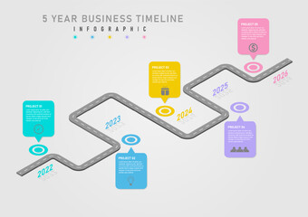 Wall Mural - 3D business infographic timeline 5 years road center circle with multicolored squares center letters and icons. Isometric year numbers and shadows.gray gradient background design for  product, project