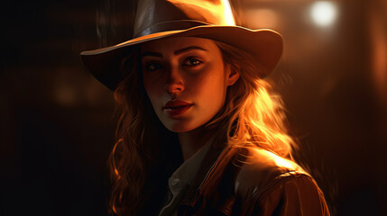 Wall Mural - Young woman in a hat and leather jacket, generative ai