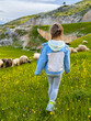 girl walks in the meadow with flock of sheep