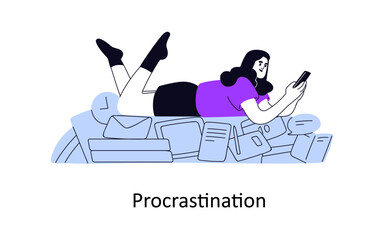 Aufkleber - Procrastination concept. Lazy irresponsible unproductive person postponing, delaying work for later time, distracted by mobile phone. Flat graphic vector illustration isolated on white background