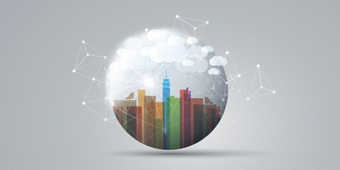 Poster - Colorful Smart City, Cloud Computing Design Concept with Transparent Globe, Cityscape, Tall Buildings, Skyscrapers Inside - White Clouds, Digital Polygonal Network Connections, Technology Background