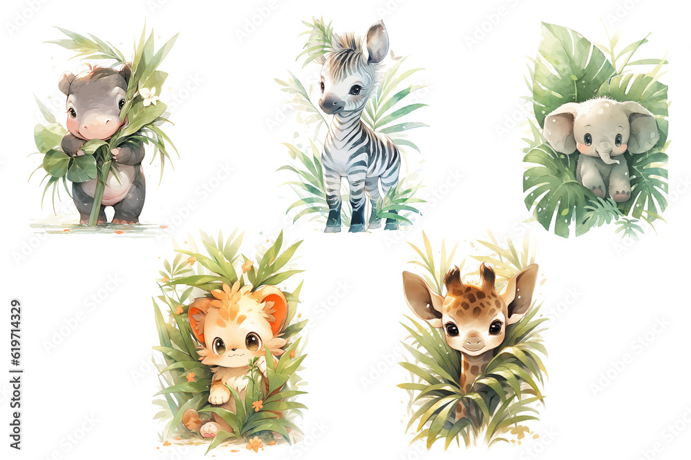 Set of cute baby woodland animals Hippo, elephant, giraffe, lion and ...