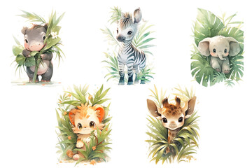 Sticker - Set of cute baby woodland animals Hippo, elephant, giraffe, lion and zebra in palm leaves Illustration isolated drawings by hand. Perfect for nursery poster.