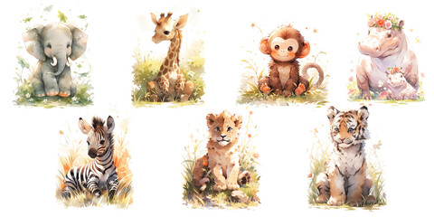 Canvas Print - Set of cute baby woodland animals lion, hippopotamus, elephant, monkey and giraffe, zebra and tiger are sitting on the lawn Illustration isolated drawings by hand. Perfect for nursery poster.