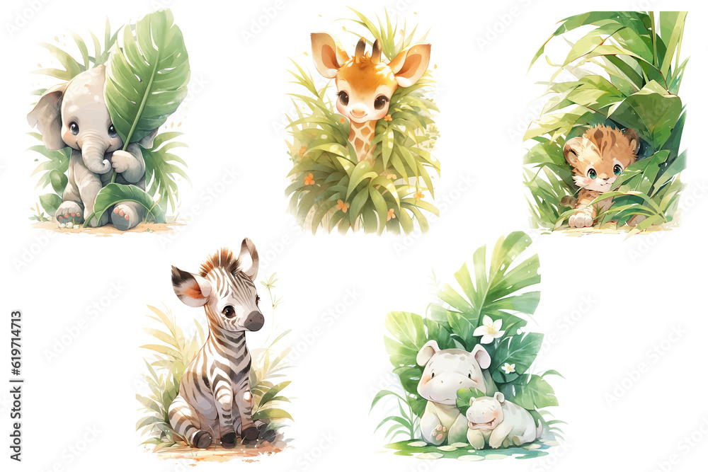 Set of cute baby woodland animals elephant, lion, zebra, hippopotamus ...