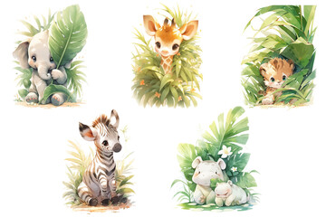 Sticker - Set of cute baby woodland animals elephant, lion, zebra, hippopotamus and giraffe sit under a palm leaf Illustration isolated drawings by hand. Perfect for nursery poster.