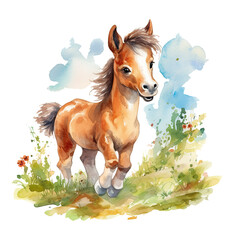 Watercolor cute little horse. Happy farm animal cartoon illustration. Generative AI