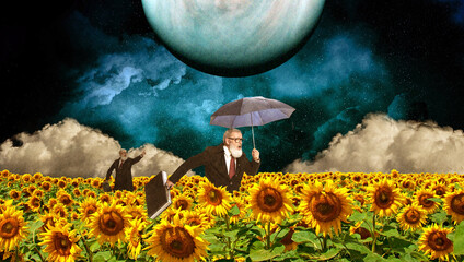 Senior man, professor running on sunflowers field over futuristic sky with giant planet. Scientist. Contemporary art collage. Concept of futurism, creativity, imagination, fantasy. Abstract surreal