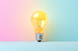 © dinastya - Creative concept of an idea. Glowing light bulb isolated on a pastel flat background with copy space for text. Light pastel blue, pink, yellow colors. Generative AI 3d render illustration.
