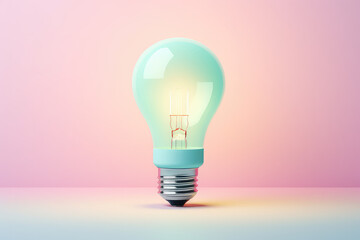 Creative concept of an idea. Glowing light bulb isolated on a pastel flat background with copy space for text. Light pastel blue, pink colors. Generative AI 3d render illustration.