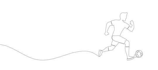 Wall Mural - Continuous one line drawing of running soccer player man with ball. Football. Vector illustration