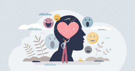 Emotional intelligence as ability to understand feelings tiny person concept. Face expression and mood changes recognition and fair psychological judgment vector illustration. Empathy as soft skill.