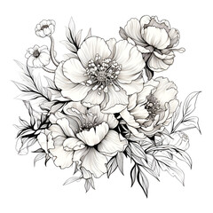 Black and white flowers, sketch, clipart