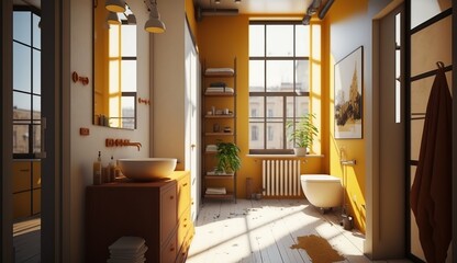 Wall Mural - beautiful yellow bathroom with large windows in a loft apartment