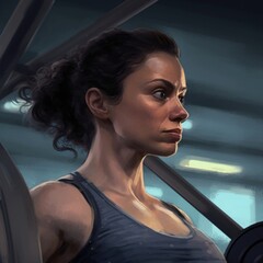 Poster - A painting of a woman holding a barbell in a gym. Generative AI image.