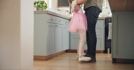 Sticker - Dance, feet and father with daughter in kitchen for celebration, ballet and energy. Music, princess and trust with man and young girl dancing in family home for support, learning and holding hands