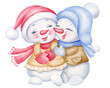 Cute couple of snowmen hugging in love. Hand drawn watercolor illustration two snowman in cartoon style for Merry Christmas and Happy New Year cards