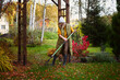 Leinwandbild Motiv seasonal autumn garden work. Woman gardener raking fall leaves
