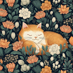 pattern with cat and flowers