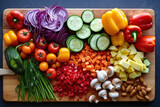 Fototapeta Kuchnia - Top-down view of an array of fresh vegetables artfully arranged on a wooden cutting board. Generative AI.
