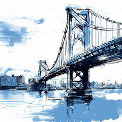 Sticker - blue ink drawing of a bridge on white background