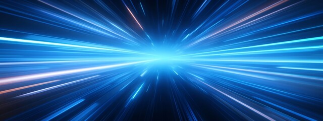 Poster - Abstract speed glowing light background banner illustration - Speedy motion blur creating flashy pattern of blue straight lines, laser beams for web banner and wallpaper design (Generative Ai)