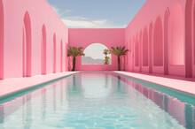 Pink Pool. Doll House. Glamor House. Pink Interior. Generative AI