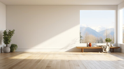 Wall Mural - Empty room of modern contemporary loft with wooden floor and large windows to garden. Copy space. Generative AI