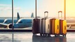 luggage suitcases at the airport wide banner with copy space area for vacations and holiday travel concepts - Generative AI