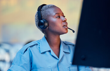 Poster - Security dispatch, communication headset and black woman talking, speaking and check surveillance system. Conversation, support consultation and helping African person chat about crime safety service