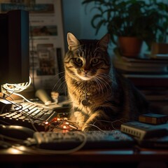 Sticker - AI generated illustration of a gray-striped cat perched next to a computer