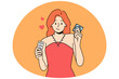 Young woman holding condom and birth control pills use different means of protection for sex. Smiling girl with contraception methods for unplanned pregnancy prevention. Vector illustration.