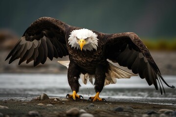 Wall Mural - AI generated illustration of A majestic bald eagle soars majestically over a picturesque lake