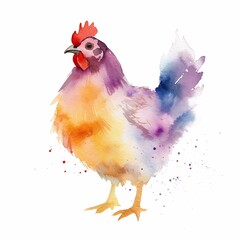 Canvas Print - AI generated illustration of a vibrant watercolor painting of a chicken on a white background