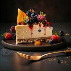 Poster - AI generated illustration of a delicious cheesecake with fresh berries