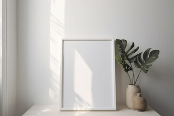 Sticker - AI generated illustration of a wooden table with a green potted plant and a square white frame